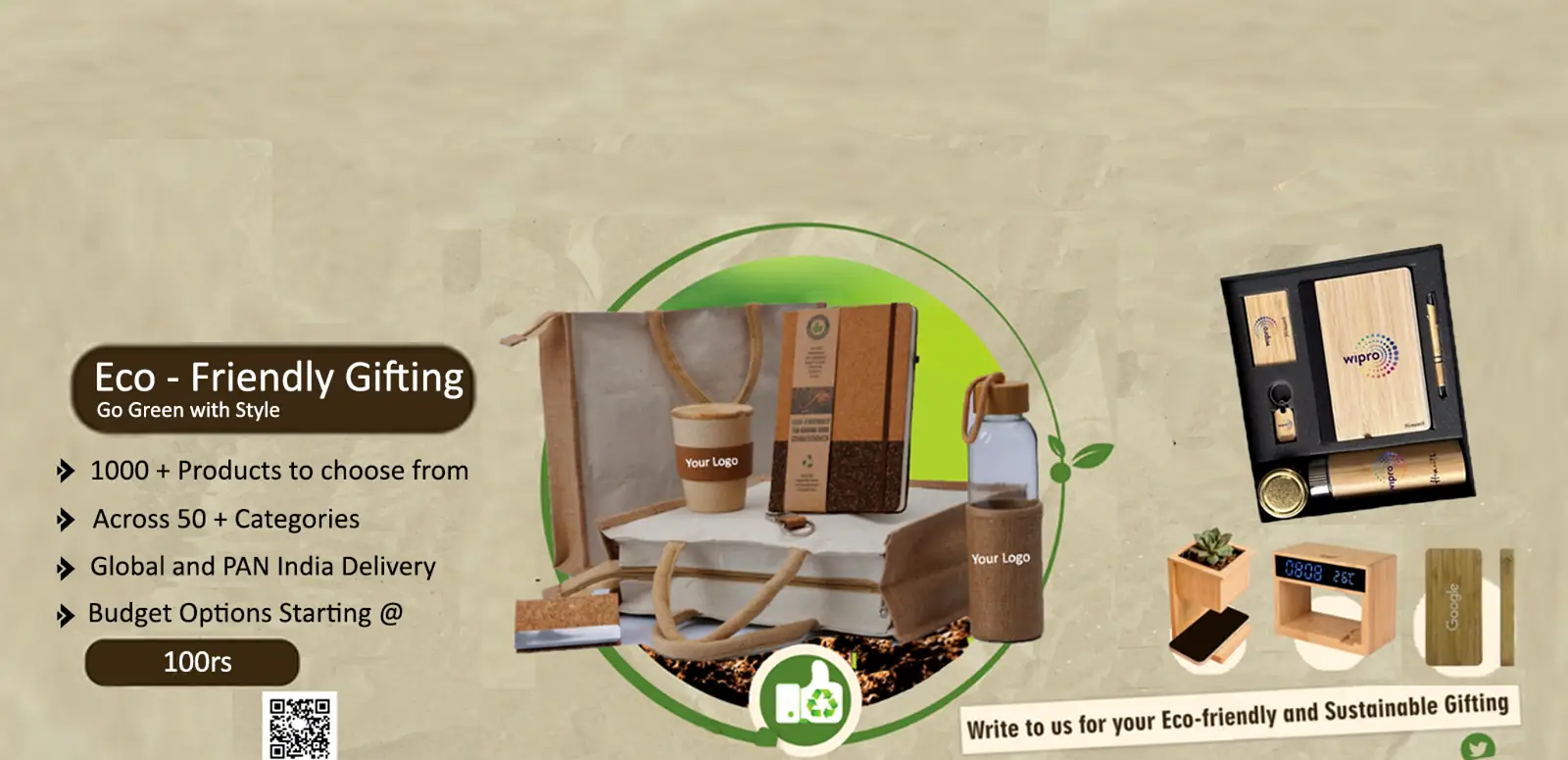 eco friendly joining kit for employees, including jute bag, mug, bottle, diary and pen